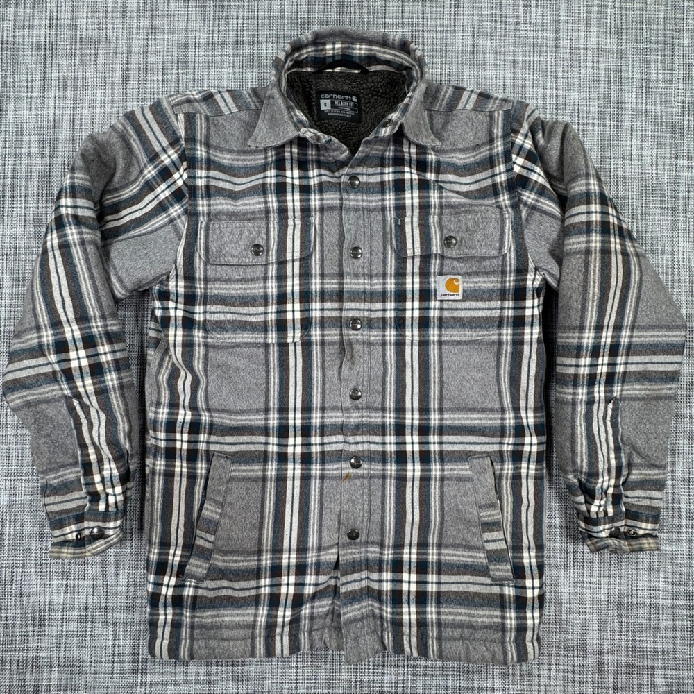 Carhartt TJ4452-M Men's Sherpa Lined Plaid Flannel Shirt Jacket Gray Small